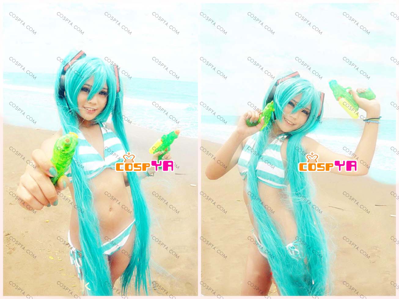 VOCALOID 初音ミクmiku風 ストライプ水着 ビキニ コスプレ - コスプレ 